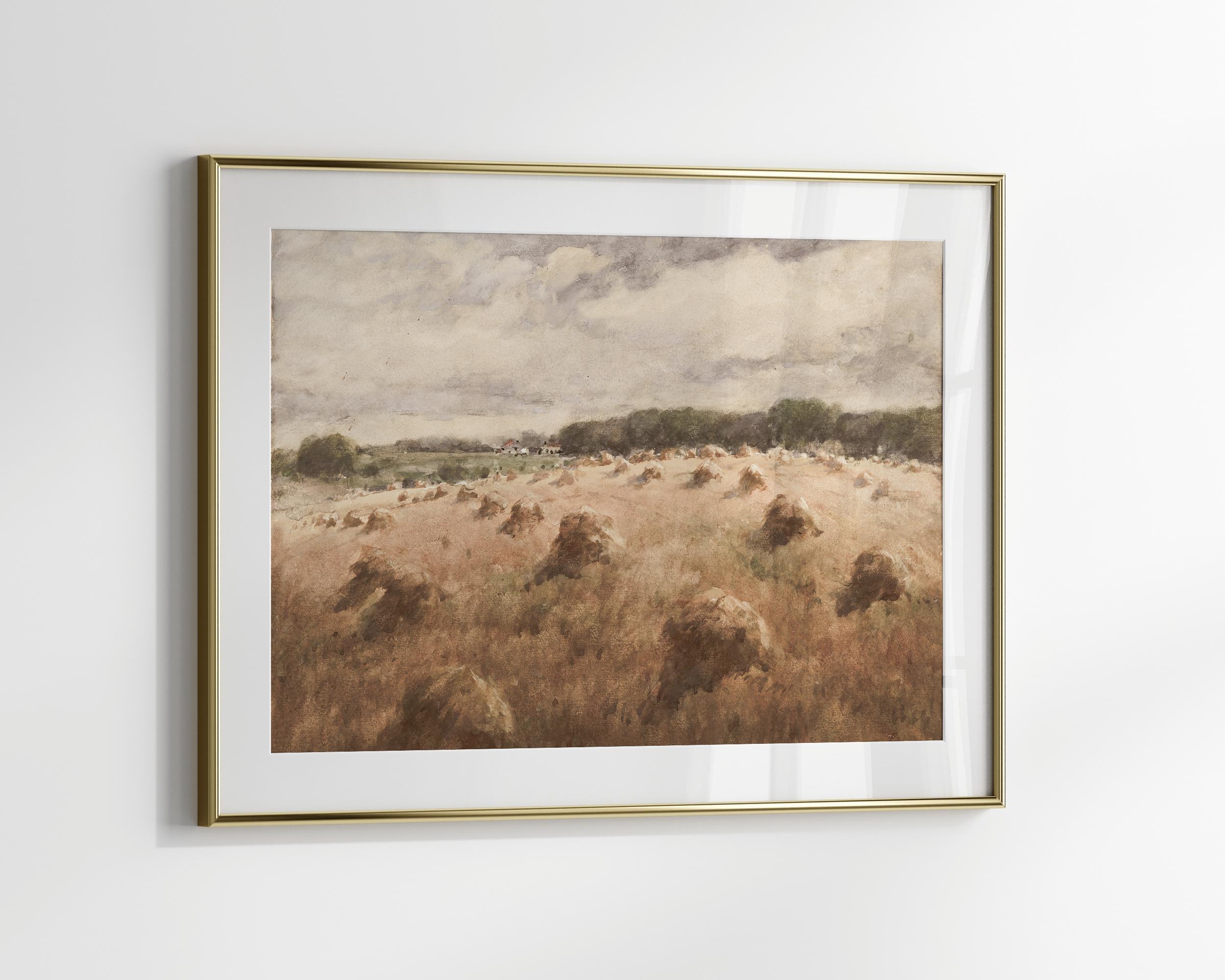 水彩画の干し草の俵のヴィンテージ画、アンティークな田舎の風景画