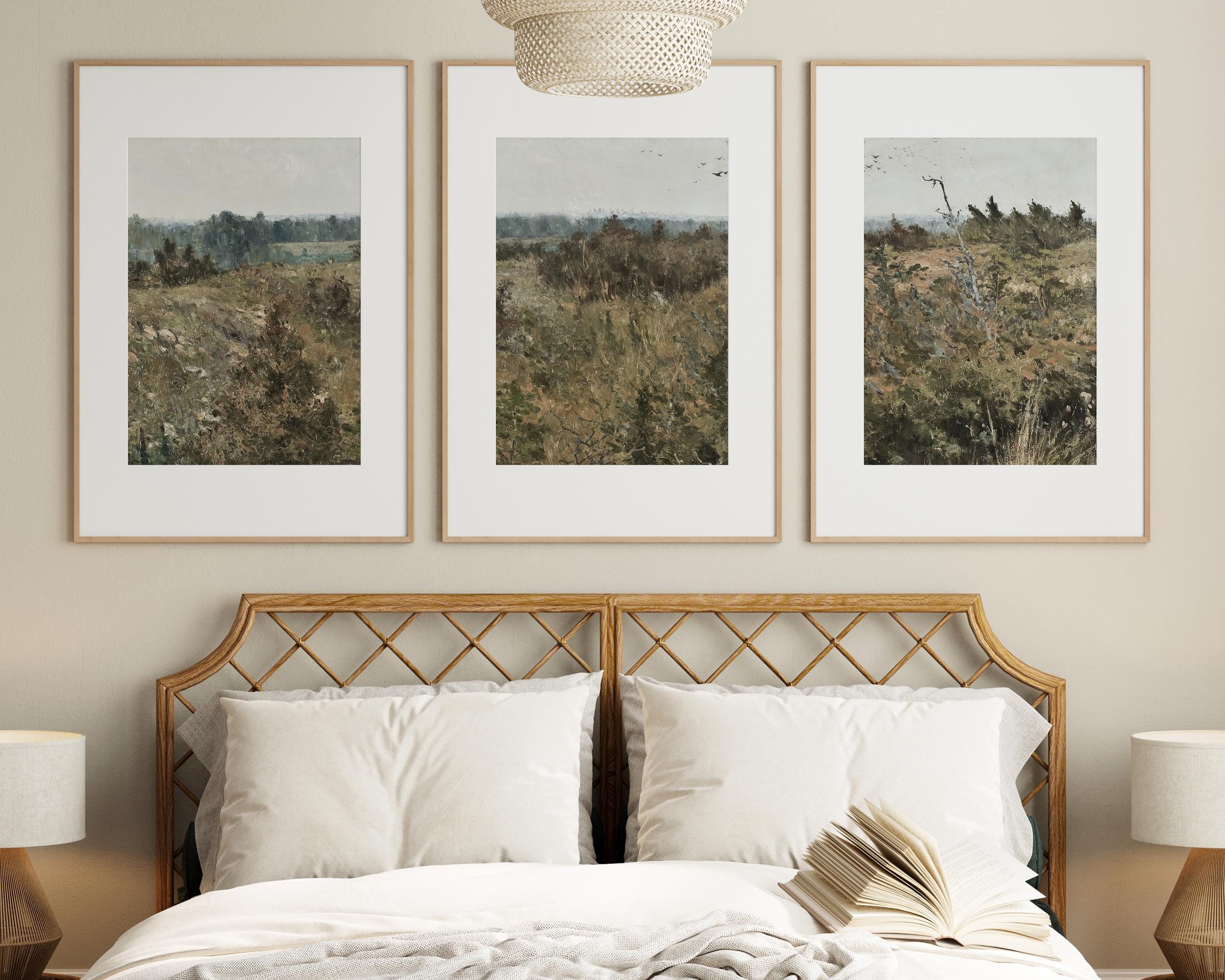 Country Landascape 3 Pieces Vintage Wall Art, Countryside Field