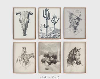 Western Gallery Wall Set, Southwest Set of 6 Vintage Prints, Farmhouse 6 Pieces Wall Art, Antique Cowboy Sketch, Horse Painting - PRINTABLE