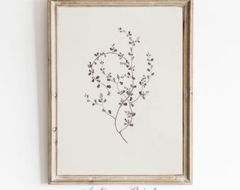 Botanical Wall Art, Vintage Neutral Branch Drawing, Minimalist Neutral Floral Sketch Prints, PRINTABLE Farmhouse Cottagecore Decor
