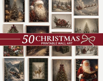 Vintage Christmas Prints Bundle 50, Snowy Winter Landscape, Santa Claus, Festive Holiday Decor (Digital Download)