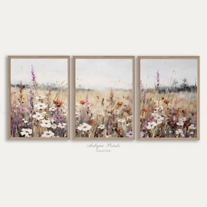 Neutral Wildflower Field Set of 3 Prints, Country 3 Pieces Vintage Wall Art, Landscape Painting, Spring Farmhouse Decor - PRINTABLE