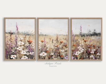 Neutral Wildflower Field Set of 3 Prints, Country 3 Pieces Vintage Wall Art, Landscape Painting, Spring Farmhouse Decor - PRINTABLE