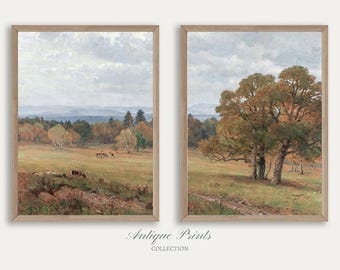 Autumn Countryside 2 Pieces Wall Art, Vintage Set of 2 Landscape Painting, Autumn Split Print, Antique Rustic Farmhouse Decor - PRINTABLE