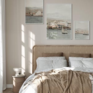 Set of 3 Muted Coastal Painting, Vintage Neutral Mediterranean 3 Pieces Wall Art, Antique Seascape Print, Beach Cottage Decor - PRINTABLE image 8