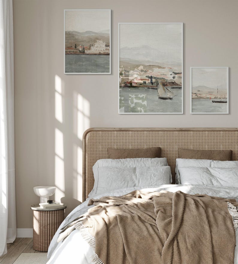 Set of 3 Muted Coastal Painting, Vintage Neutral Mediterranean 3 Pieces Wall Art, Antique Seascape Print, Beach Cottage Decor - PRINTABLE image 8