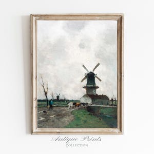 Antique Cattle Printable Art, Country Landscape Oil Painting, Duch Windmill DIGITAL Print, Moody Farmhouse Large Wall Art