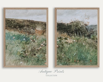 Conjunto de 2 pinturas vintage de paisaje campestre, impresión dividida de estilo melancólico, arte de pared rústico antiguo imprimible de 2 piezas, decoración de pared de granja