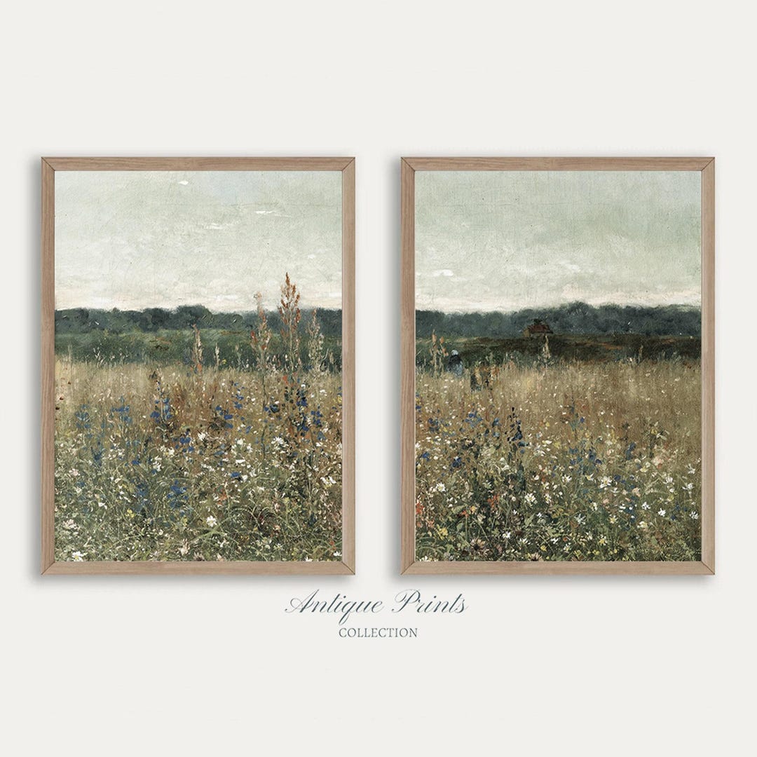 Wildflower Field Set of 2 Prints, Country 2 Pieces Vintage Wall Art ...