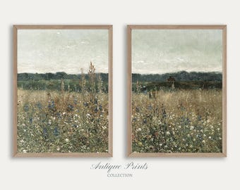 Wildflower Field Set of 2 Prints, Country 2 Pieces Vintage Wall Art, Landscape Painting, Neutral Split Print, Farmhouse Decor - PRINTABLE