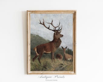 Deer Painting, Antique Mountain Wall Art, Vintage Deer Print, Rustic Farmhouse Decor, Forest Landscape Print  PRINTABLE