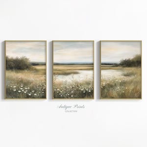 Neutral Wildflower Field Set of 3 Prints, Muted Country Landscape 3 Pieces Wall Art, Pond Painting, Spring Farmhouse Decor - PRINTABLE