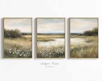 Neutral Wildflower Field Set of 3 Prints, Muted Country Landscape 3 Pieces Wall Art, Pond Painting, Spring Farmhouse Decor - PRINTABLE