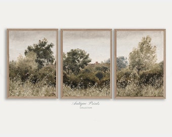 Vintage Neutral Landscape 3 Pieces Wall Art, Wildflower Field Set of 3 Split Prints, Country Painting, Rustic Farmhouse Decor - PRINTABLE