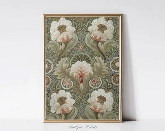 Neutral grön gobelängväggkonst, textilväggkonst, vintage textilblomtryck, botanisk gobelängkonst, lantlig väggdekoration - UTSKRIVBAR