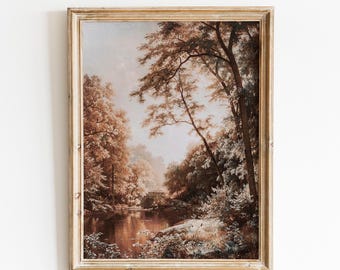 Arte mural de paisaje otoñal, pintura vintage de bosque otoñal, impresión digital de una casa de campo antigua, arte mural de campo otoñal - IMPRIMIBLE