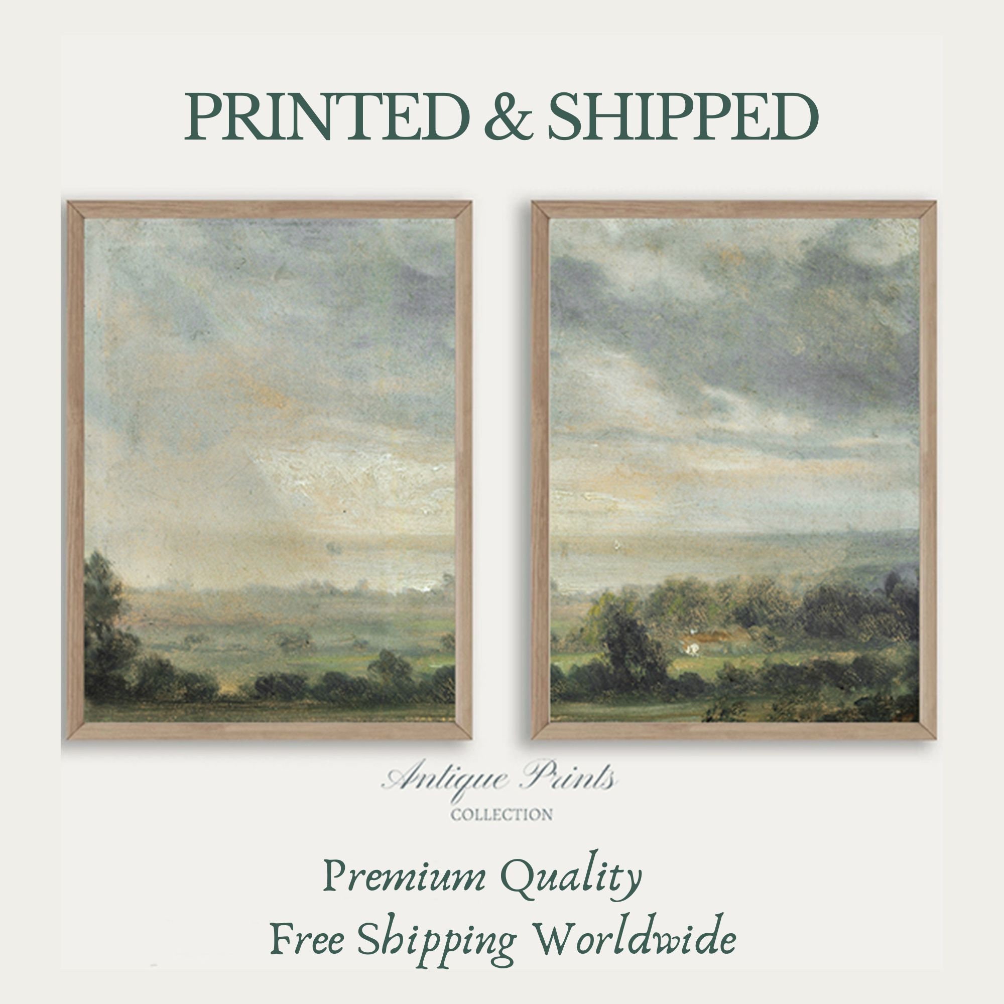 Set of 2 Landscape Prints, PRINTED and SHIPPED Neutral Country 2 Pieces Vintage Wall Art, Mailed Landscape Painting, Farmhouse Decor