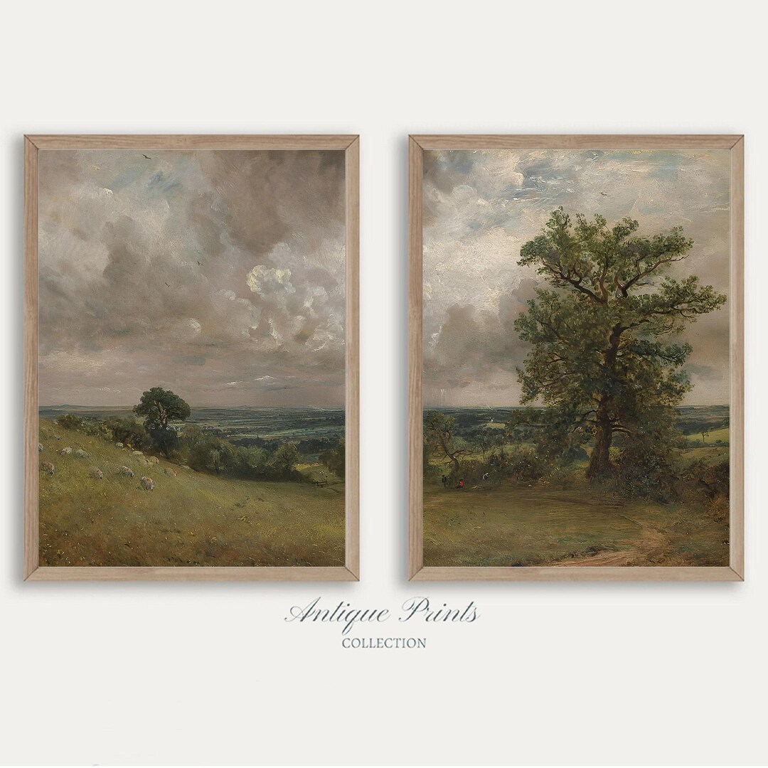 Moody Country Painting, Landscape Set of 2 Split Print, Countryside 2 ...