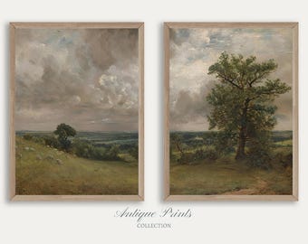 Moody Country Painting, Landscape Set of 2 Split Print, Countryside 2 Pieces Vintage Wall Art, Rustic Farmhouse Decor - PRINTABLE