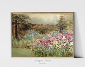 Arte mural vintage de cabaña de primavera, pintura de jardín con flores, estampado antiguo de tulipanes en acuarela, decoración floral de pared de granja - IMPRIMIBLE