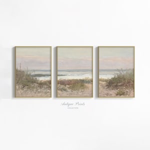 Neutrale Seelandschaft 3 Stück Wandkunst, Pastell Küstenlandschaft 3 Stück Split Drucke, Vintage Strand Malerei, Strand Cottage Dekor - DRUCKBAR