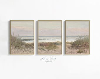Neutral Seascape 3 Pieces Wall Art, Pastel Coastal Set of 3 Split Prints, Vintage Beach Painting, Beach Cottage Decor - PRINTABLE