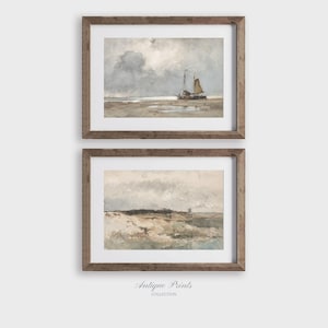 Neutral Coastal Set of 2 Painting, Vintage Watercolor Seascape 2 Pieces Wall Art, Antique Sailing Print, Beach Cottage Decor - PRINTABLE