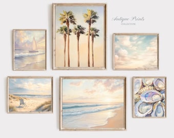 Pastel Coastal Prints Set of 6, Seascape Gallery Wall Set, Pastel Beach Painting, Summer Decor, Palm Tree Ocean Wall Art - PRINTABLE