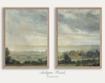 French Country Set of 2 Split Print, Country 2 Pieces Vintage Wall Art, Moody Painting, Neutral Landscape Print, Farmhouse Decor - PRINTABLE