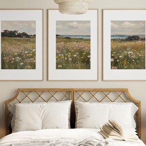 Arte murale floreale di campagna, set di 3 stampe di campi di fiori selvatici, dipinto di paesaggio, stampa di campagna neutra, arredamento da fattoria - STAMPABILE immagine 6
