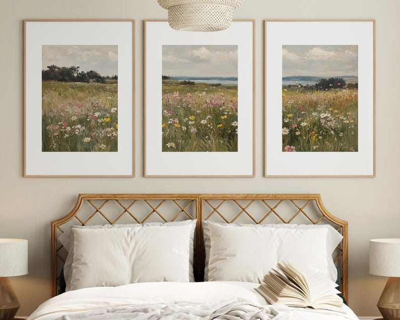 Arte murale floreale di campagna, set di 3 stampe di campi di fiori selvatici, dipinto di paesaggio, stampa di campagna neutra, arredamento da fattoria - STAMPABILE immagine 6