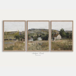 Neutral Landscape Set of 3 Split Print, Country 3 Pieces Vintage Wall Art, Muted Painting, French Country Print, Farmhouse Decor - PRINTABLE