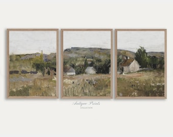 Neutral Landscape Set of 3 Split Print, Country 3 Pieces Vintage Wall Art, Muted Painting, French Country Print, Farmhouse Decor - PRINTABLE