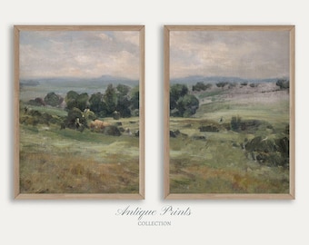 Summer Landscape Painting, French Country Set of 2 Split Prints, Countryside 2 Pieces Vintage Wall Art, Vintage Farmhouse Decor - PRINTABLE