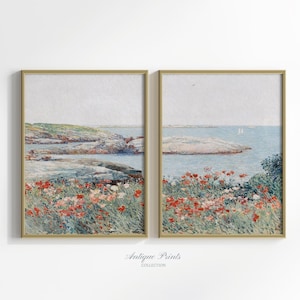 Blommig väggkonst, vårlandskap set med 2 tryck, utskrivbar vintageblommig väggkonst, kuststugamålning, bondgårds vardagsrumsinredning