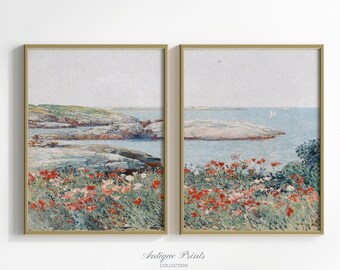 Floral Wall Art, Spring Landscape Set of 2 Prints, PRINTABLE Vintage Flowers Wall Art, Coastal Cottage Painting, Farmhouse Living Room Decor