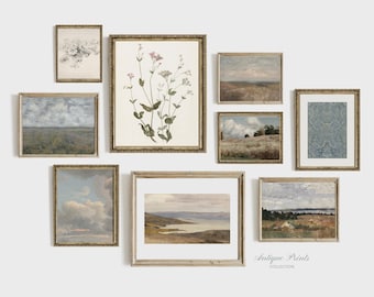 Set di 9 stampe rustiche di campagna con estetica vintage, set di pareti per gallerie azzurre, decorazioni in stile cottage, 9 stampe da parete con paesaggi costieri - STAMPABILE