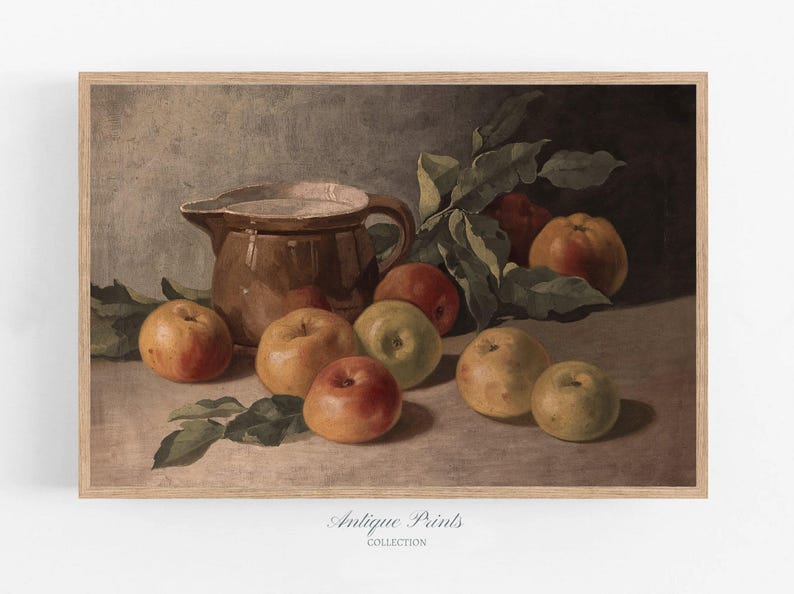 Arte de pared de cocina de granja vintage, pintura al óleo de manzana, decoración rústica de cocina antigua, pintura de frutas, impresión de bodegón de manzana - IMPRIMIBLE imagen 2