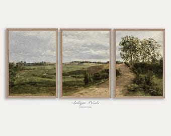 Neutral LandscapeSet of 3 Prints,  Vintage Country 3 Pieces Wall Art, French Country Painting, Rustic Farmhouse Decor - PRINTABLE