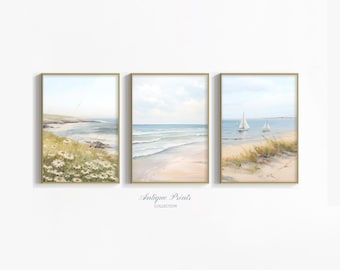Coastal 3 Pieces Wall Art, Neutral Seascape Painting, Beach Cottage Wall Art, Ocean Digital Prints, Beach Landscape Art - PRINTABLE