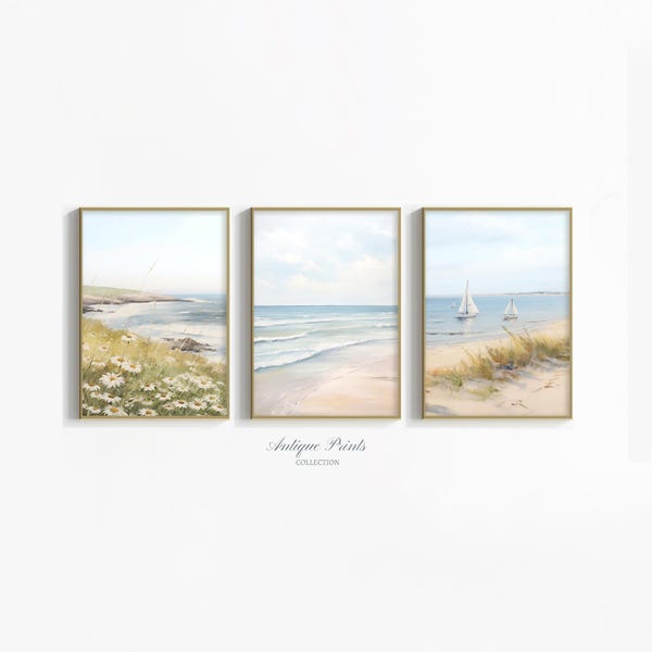 Arte de pared costero de 3 piezas, pintura de paisaje marino neutro, arte de pared de cabaña de playa, impresiones digitales oceánicas, arte de paisaje de playa - IMPRIMIBLE