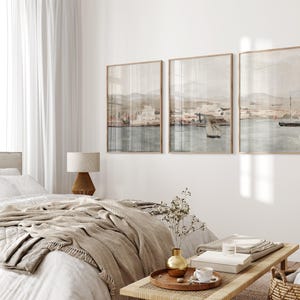 Set of 3 Muted Coastal Painting, Vintage Neutral Mediterranean 3 Pieces Wall Art, Antique Seascape Print, Beach Cottage Decor - PRINTABLE image 2