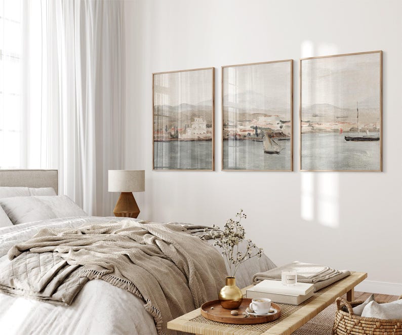 Set of 3 Muted Coastal Painting, Vintage Neutral Mediterranean 3 Pieces Wall Art, Antique Seascape Print, Beach Cottage Decor - PRINTABLE image 2