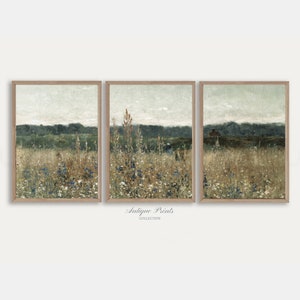 Country 3 Pieces Vintage Wall Art, Wildflower Field Set of 3 Prints, Landscape Painting, Neutral Split Print, Farmhouse Decor - PRINTABLE