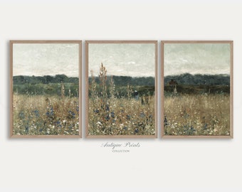 Country 3 Pieces Vintage Wall Art, Wildflower Field Set of 3 Prints, Landscape Painting, Neutral Split Print, Farmhouse Decor - PRINTABLE