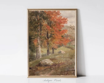 Vintage Fall Forest Wall Art, Autumn Landscape Painting, Countryside Vertical Print, Autumn Rustic Farmhouse Fall Decor - PRINTABLE