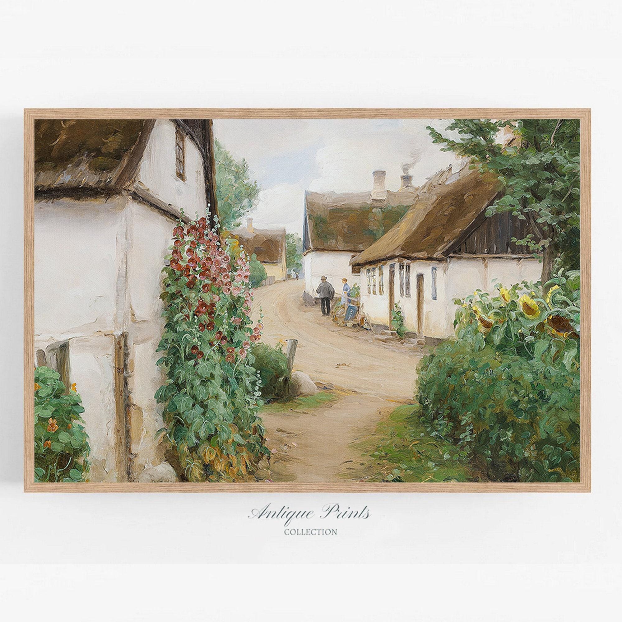 フランスの田舎のコテージの絵画、ヴィンテージの風景画、アンティーク