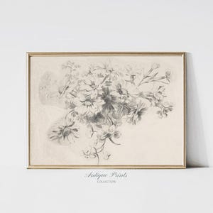 Neutral Botanical Print, Vintage Flowers Sketch, Minimalist Floral Sketch Art, Antique Horizontal Flower Drawing, Farmhouse Decor, PRINTABLE