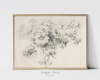 Neutralny nadruk botaniczny, szkic kwiatów w stylu vintage, minimalistyczny szkic kwiatowy, rysunek antycznego poziomego kwiatu, wystrój domu wiejskiego, DO DRUKU