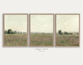 Vintage Neutral Landscape Set of 3 Print, Antique Meadow Oil Painting, French Country 3 Pieces Wall Art, Farmhouse Decor -  PRINTABLE